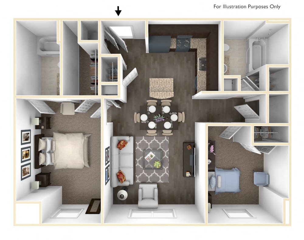 Floor plan for 2 beds, 2 baths, 907 sqft